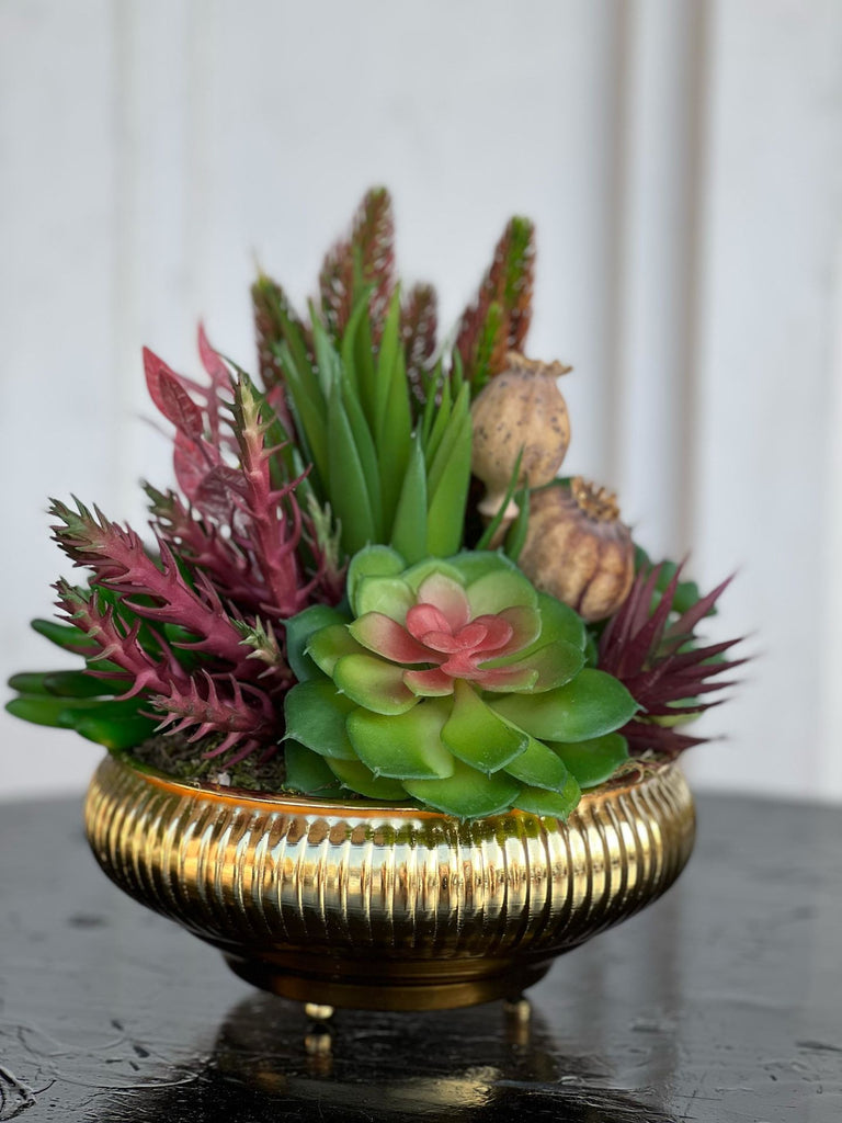 Yapay Sukulentli Küçük Boy Çizgili Yassı Vazo No:2