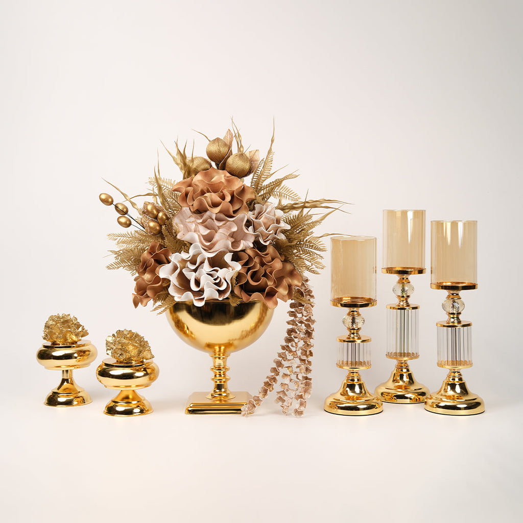 Yapay Çiçekli Kare Ayaklı Gold Şamdanlı Set No:5