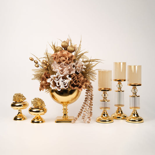 Yapay Çiçekli Kare Ayaklı Gold Şamdanlı Set No:5