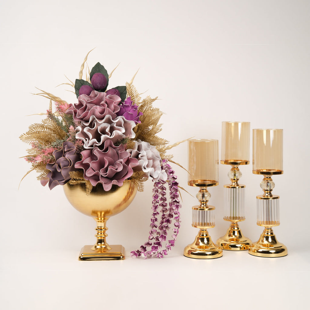 Yapay Çiçekli Kare Ayaklı Gold Şamdanlı Set No:6