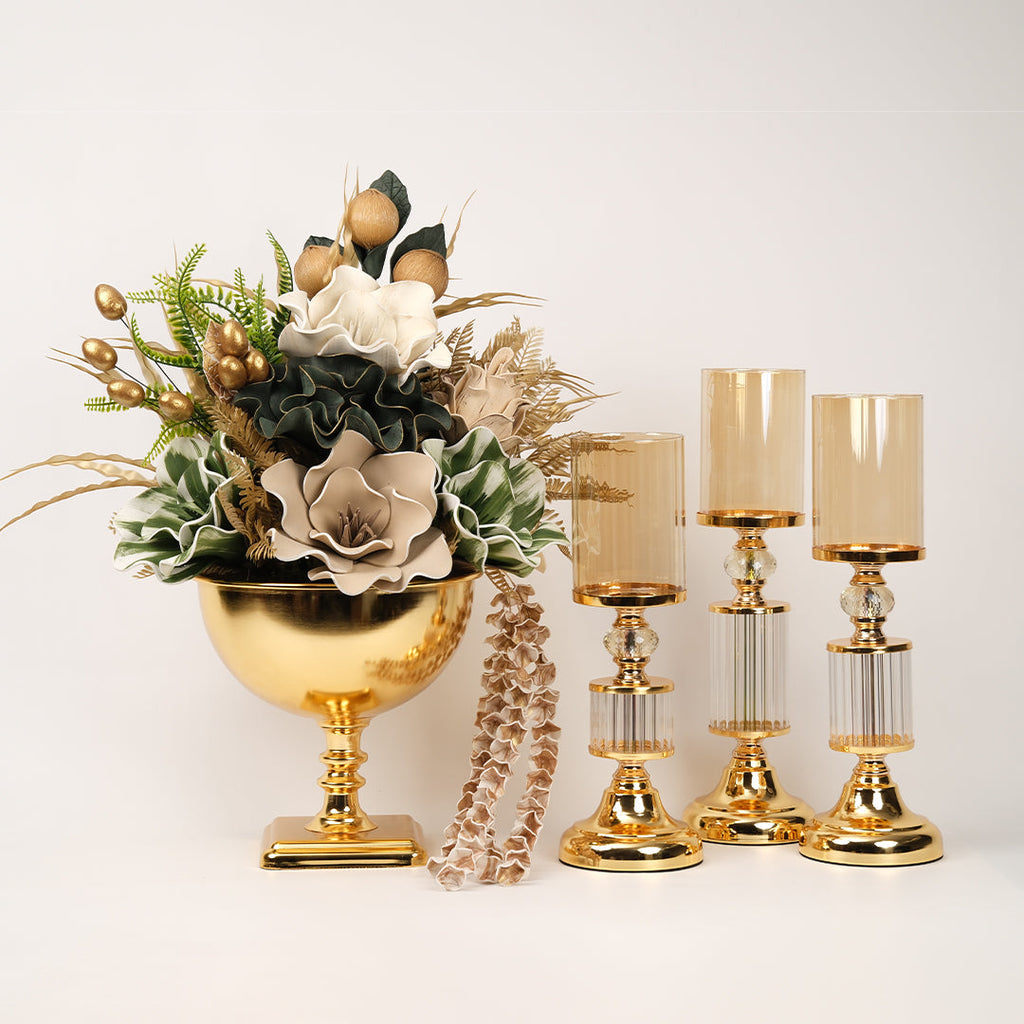 Yapay Çiçekli Kare Ayaklı Gold Şamdanlı Set No:7