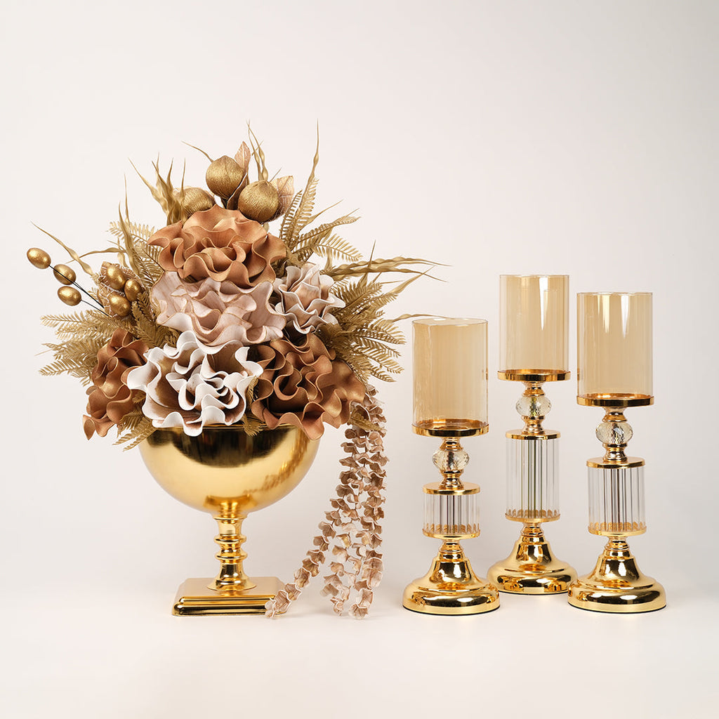 Yapay Çiçekli Kare Ayaklı Gold Şamdanlı Set No:10