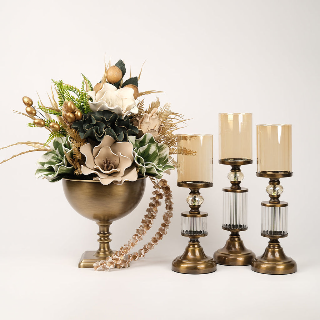 Yapay Çiçekli Kare Ayaklı Antik Şamdanlı Set No:6