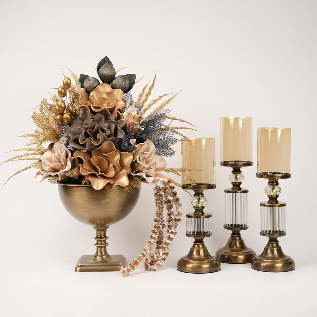 Yapay Çiçekli Kare Ayaklı Antik Şamdanlı Set No:7