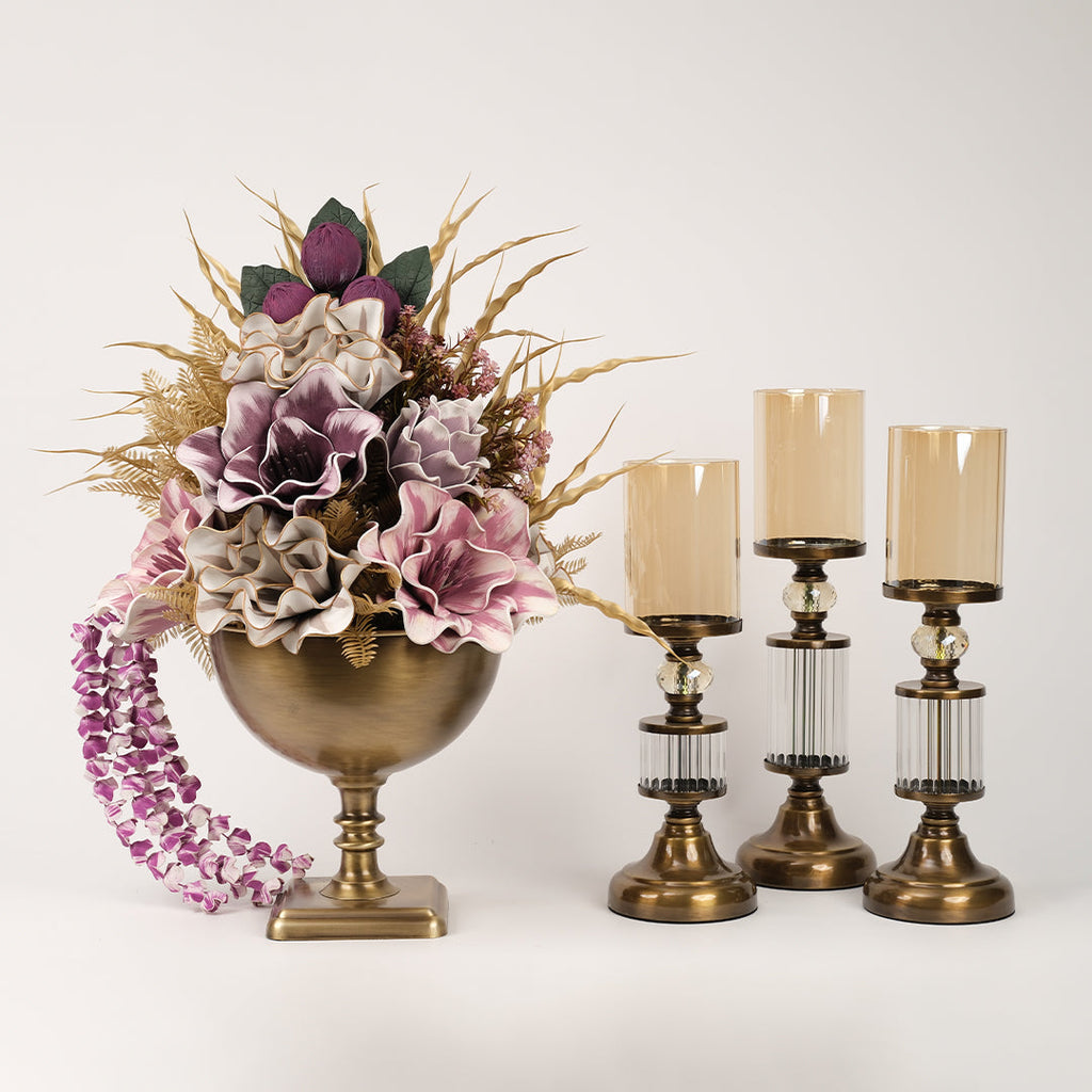 Yapay Çiçekli Kare Ayaklı Antik Şamdanlı Set No:8