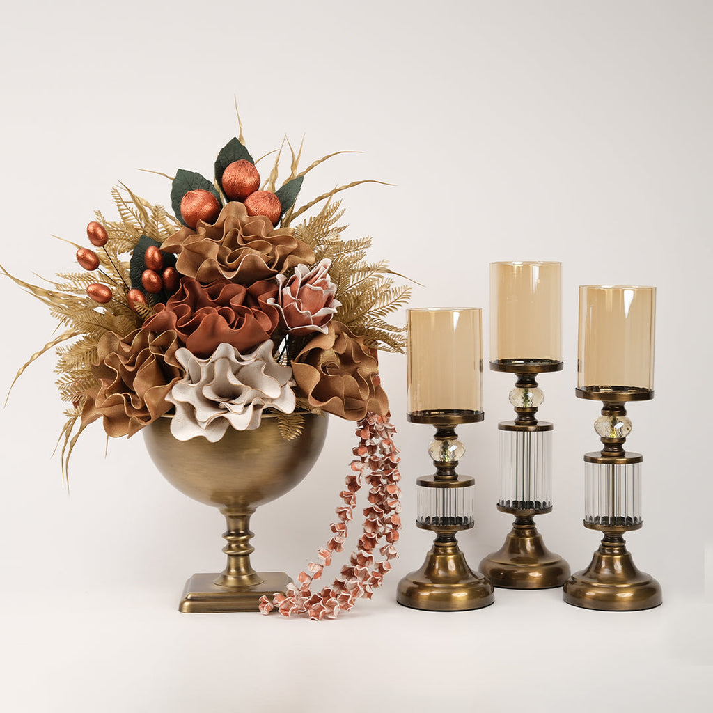 Yapay Çiçekli Kare Ayaklı Antik Şamdanlı Set No:9