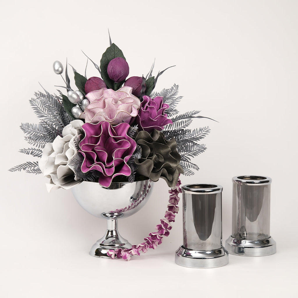 Yapay Çiçekli Gümüş Kupa 3 Parça Set No:4