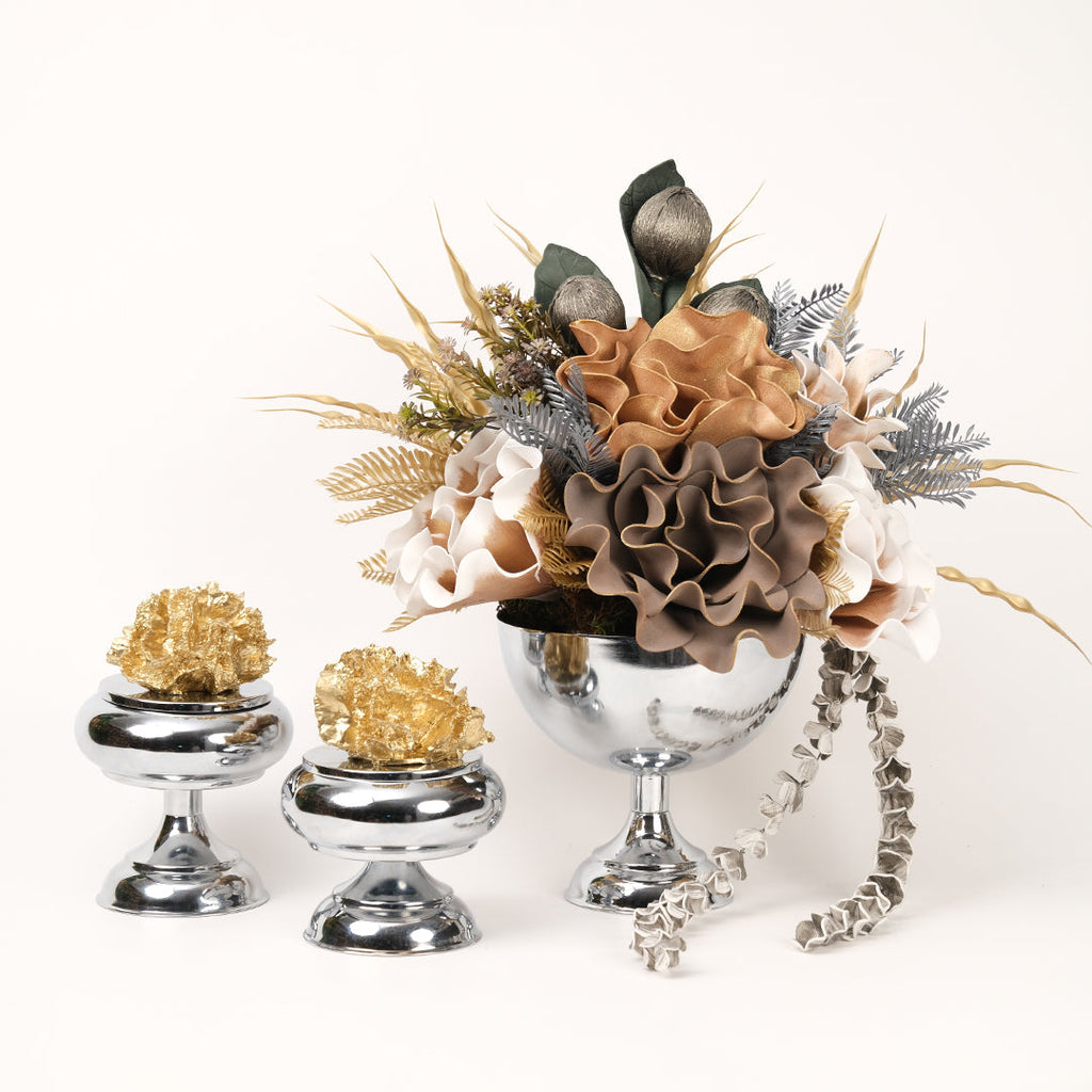 Yapay Çiçekli Gümüş Kupa 3 Parça Set No:9
