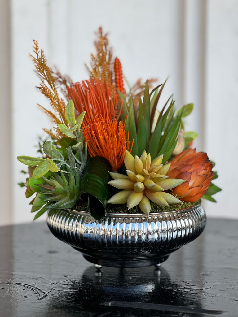 Yapay Sukulentli Küçük Boy Çizgili Yassı Vazo No:3