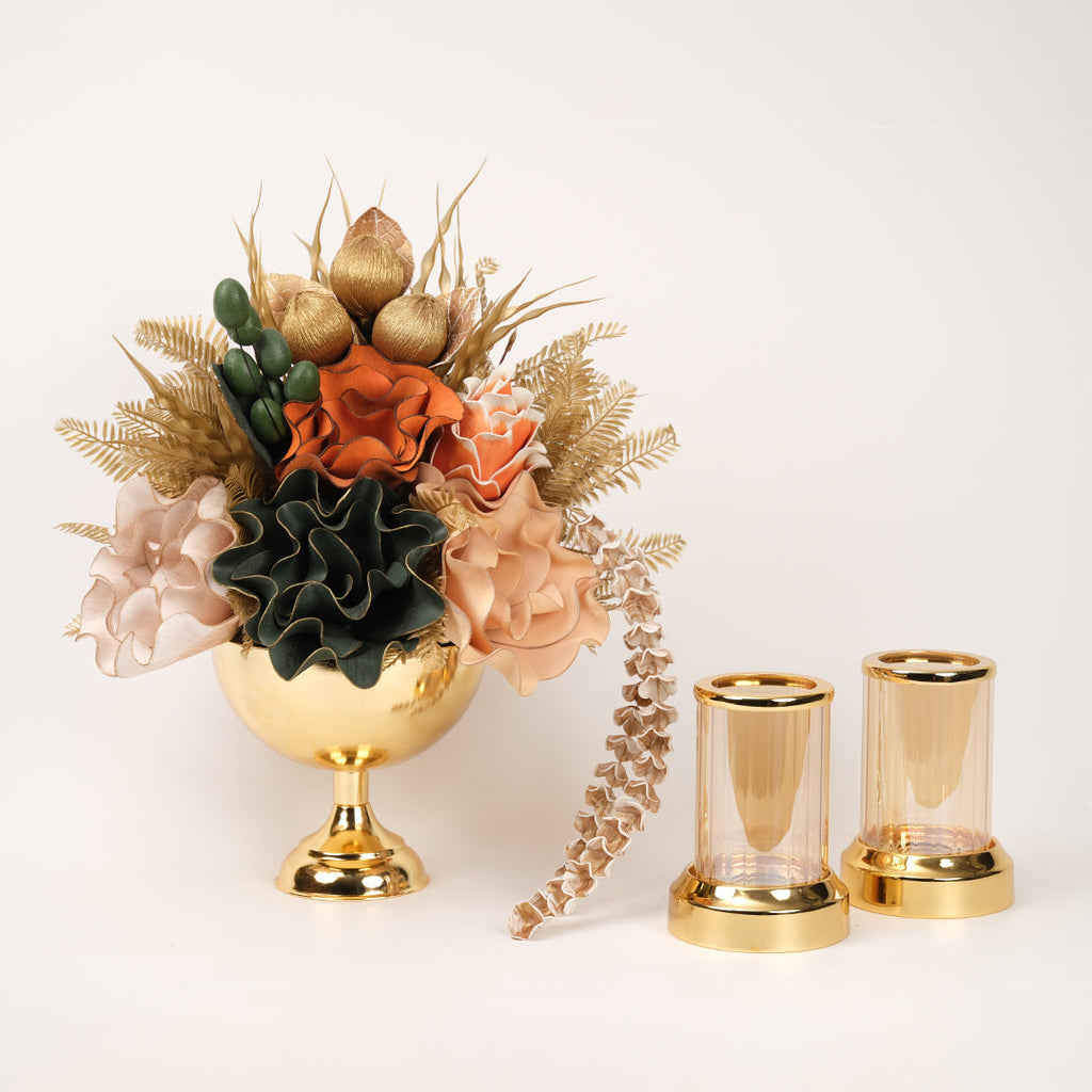 Yapay Çiçekli Gold Kupa 3 Parça Set No:2