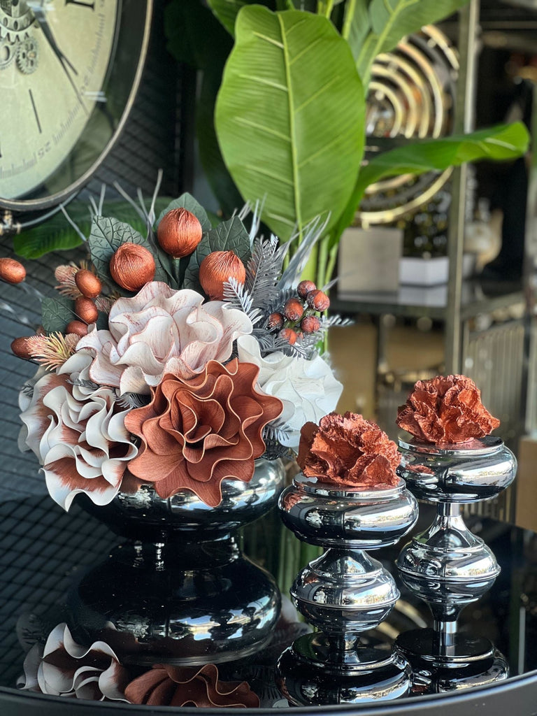 Yapay Çiçekli Gümüş Yassı Vazo 3 Parça Set No:14