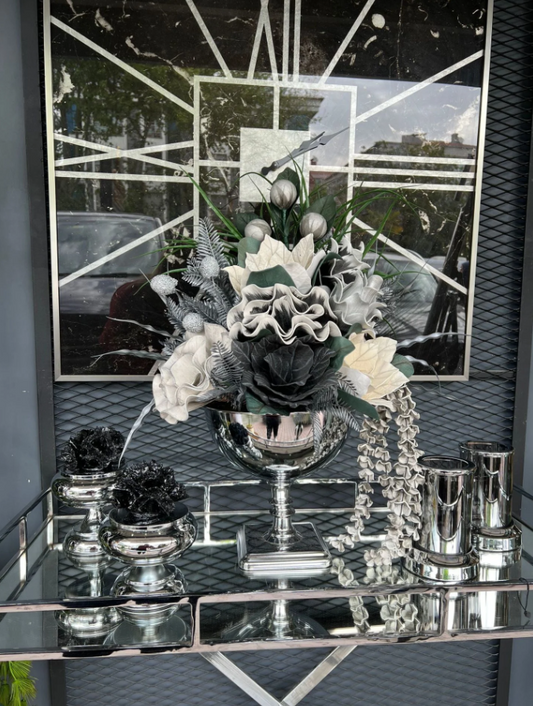 Yapay Çiçekli Gümüş Kare Ayak Vazo 5 Parça Set No:1