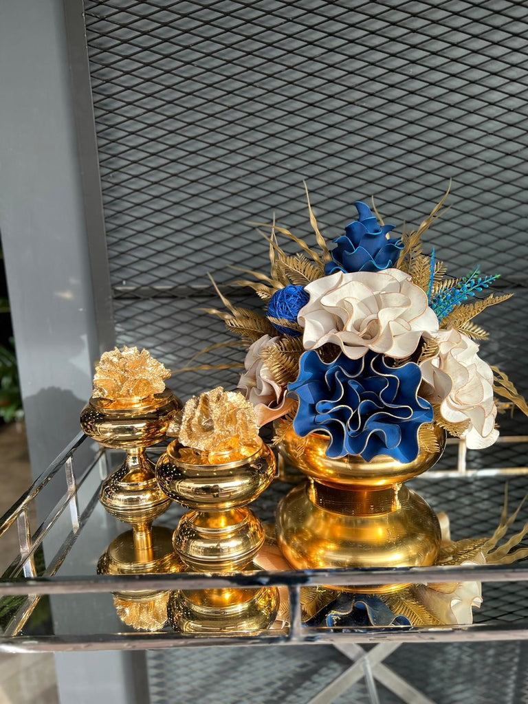 Yapay Çiçekli Gold Yassı Vazo 3 Parça Set No:9