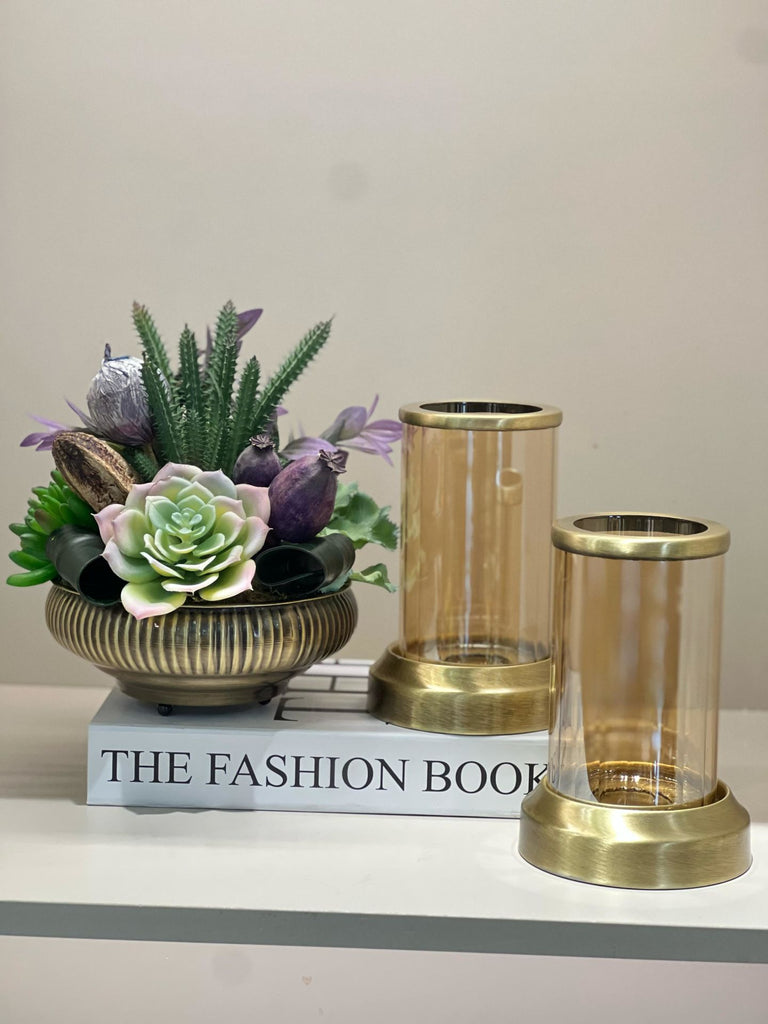 Yapay Sukulentli Vazo Ve ikili Mumluk Set Kitap Kutu Hediyeli No:4