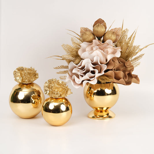 Yapay Çiçekli Gold Mercan 3 Parça Set No:3