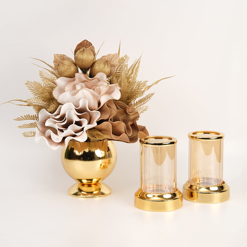 Yapay Çiçekli Gold Mercan 3 Parça Set No:7