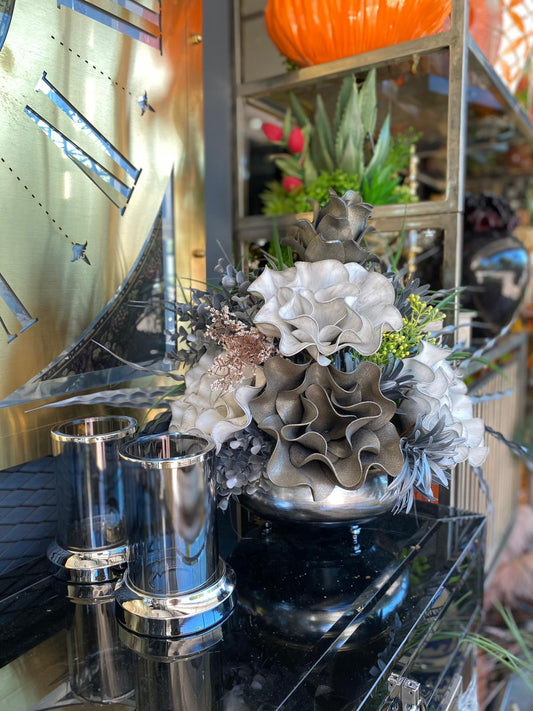 Yapay Çiçekli Gümüş Yassı Vazo 3 Parça Set No:3