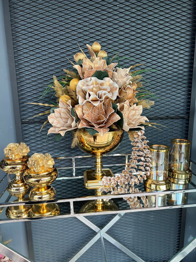 Yapay Çiçekli Gold Kare Ayak Vazo 5 Parça Set No:1