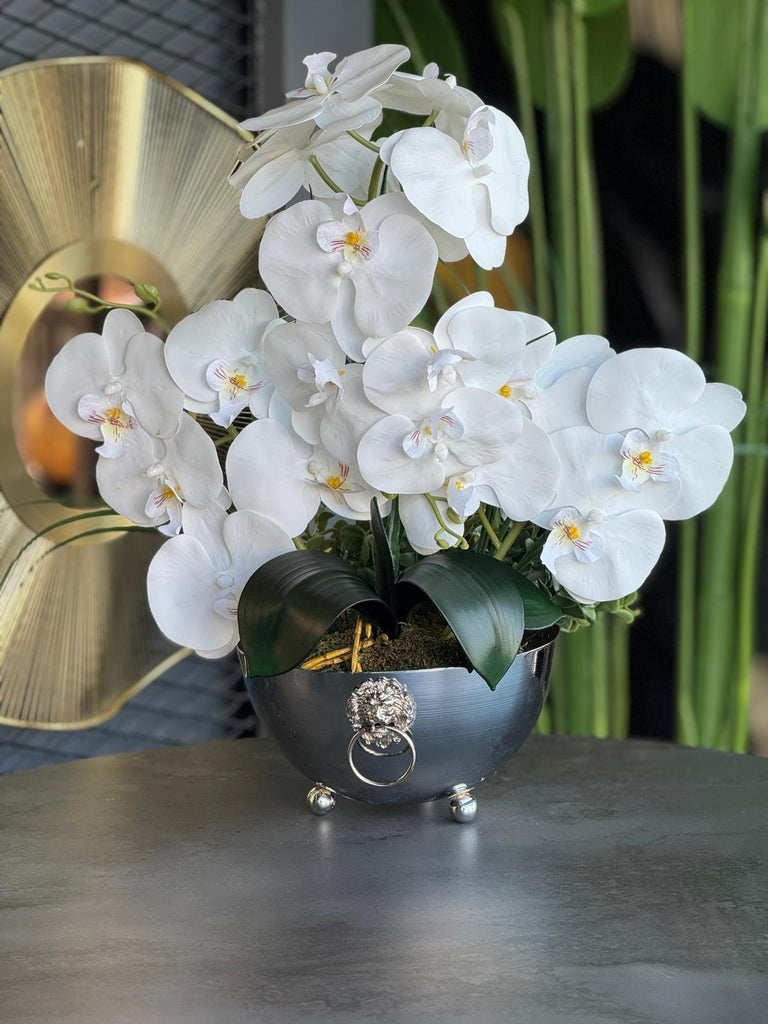 Yapay Orkideli Armalı Gümüş Vazo