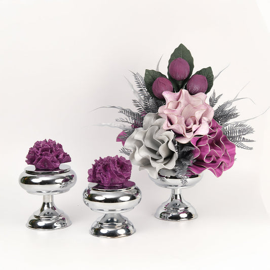 Yapay Çiçekli Gümüş Şekerlik 3 Parça Set No:1