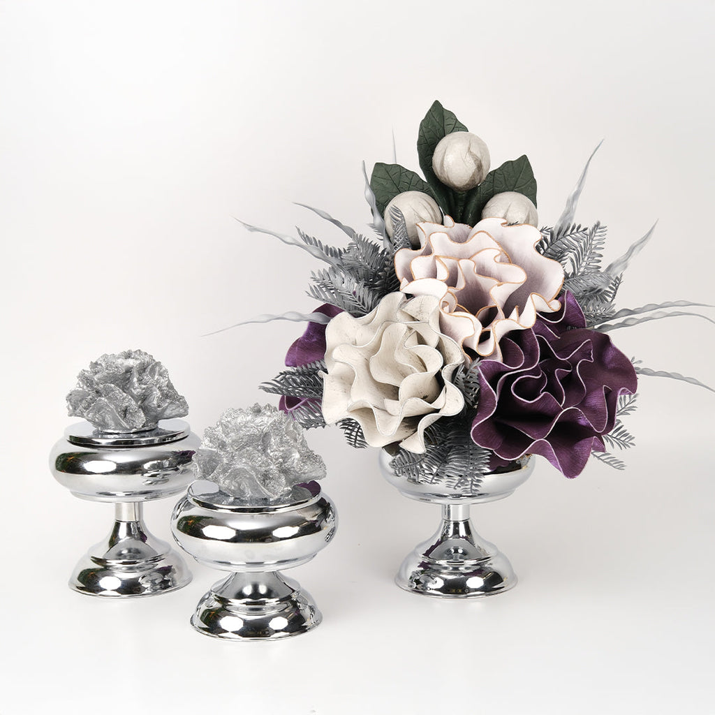 Yapay Çiçekli Gümüş Şekerlik 3 Parça Set No:2