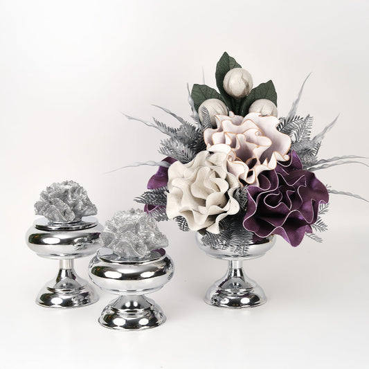 Yapay Çiçekli Gümüş Şekerlik 3 Parça Set No:2