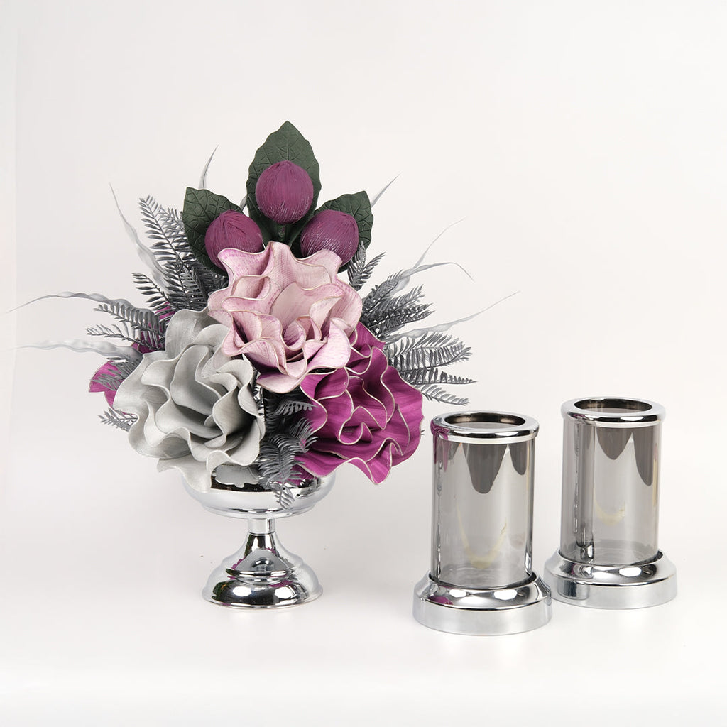 Yapay Çiçekli Gümüş Şekerlik 3 Parça Set No:4