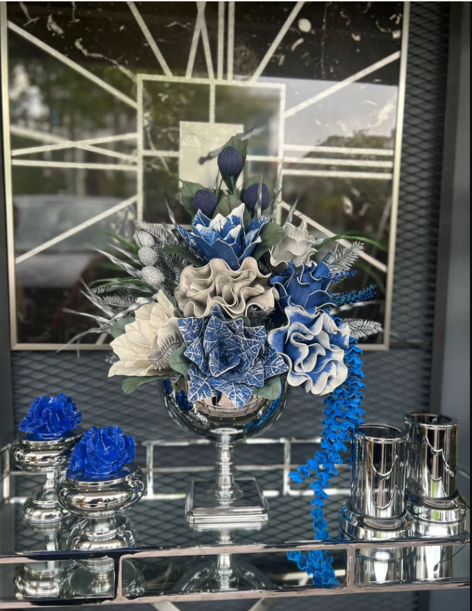 Yapay Çiçekli Gümüş Kare Ayak Vazo 5 Parça Set No:2