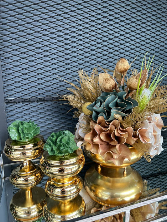 Yapay Çiçekli Gold Yassı Vazo 3 Parça Set No:10