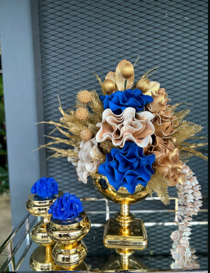 Yapay Çiçekli Gold Kare Ayak Vazo 3 Parça Set No:2