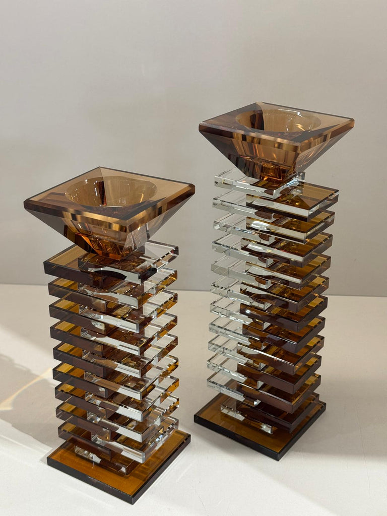 İkili Kristal Katlı Şamdan Şeffaf Kahve