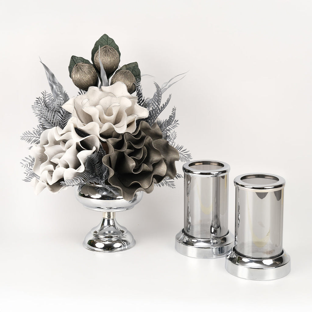 Yapay Çiçekli Gümüş Şekerlik 3 Parça Set No:5