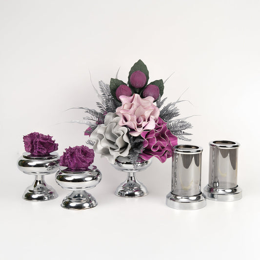 Yapay Çiçekli Gümüş Şekerlik 5 Parça Set No:1