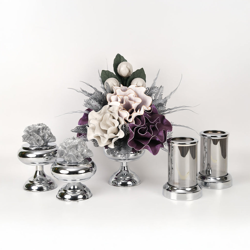 Yapay Çiçekli Gümüş Şekerlik 5 Parça Set No:2