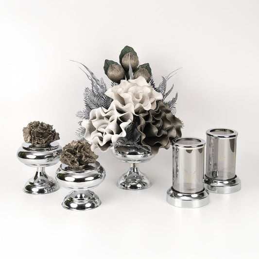 Yapay Çiçekli Gümüş Şekerlik 5 Parça Set No:3