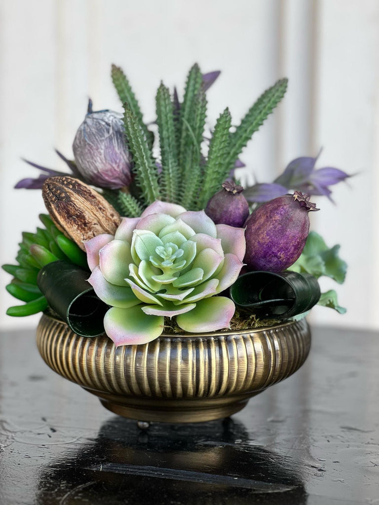 Yapay Sukulentli Küçük Boy Çizgili Yassı Vazo No:1