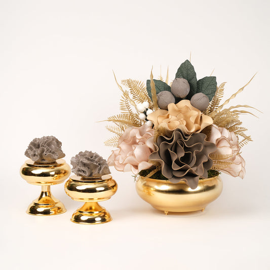 Yapay Çiçekli Gold Yassı 3 Parça Set No:1