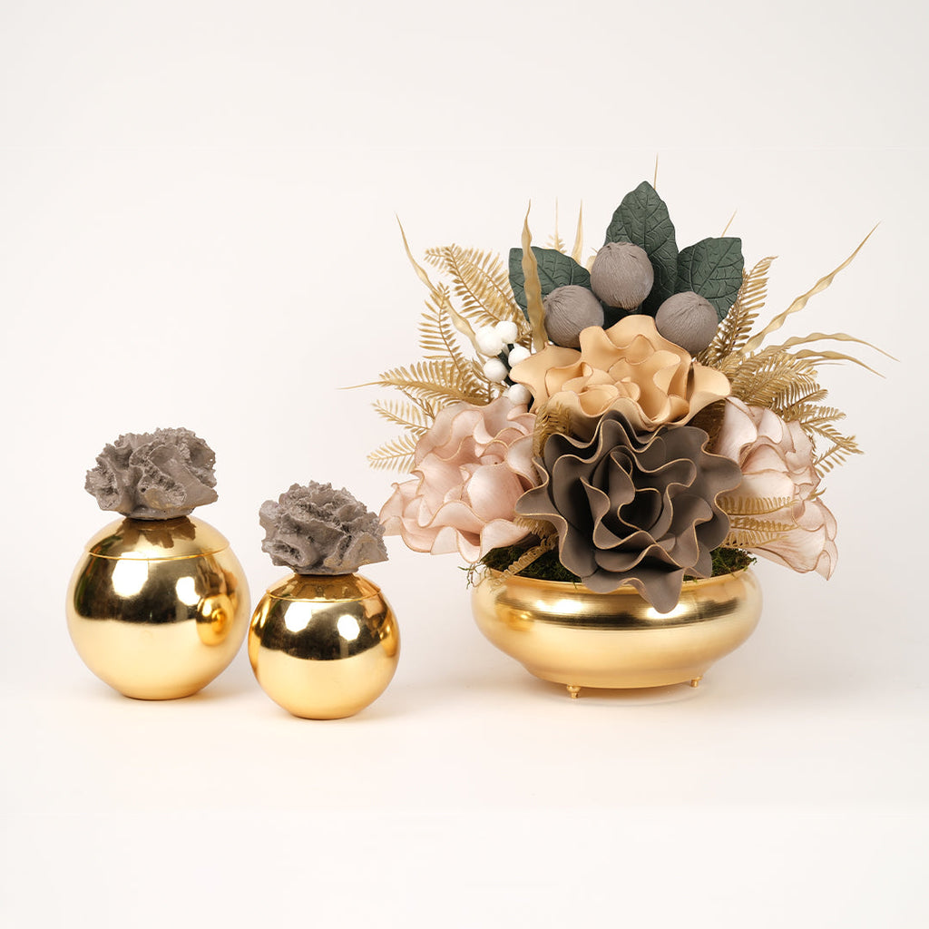 Yapay Çiçekli Gold Yassı 3 Parça Set No:2