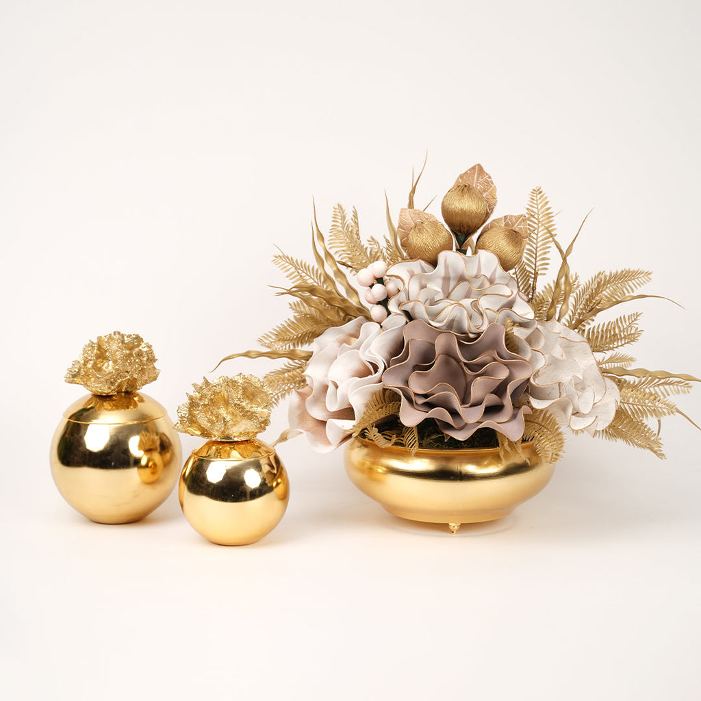 Yapay Çiçekli Gold Yassı 3 Parça Set No:5