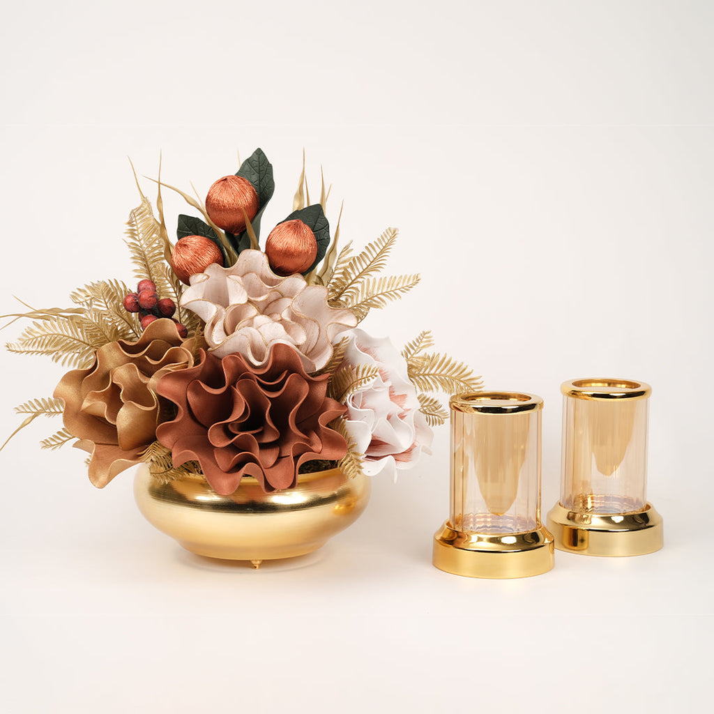 Yapay Çiçekli Gold Yassı 3 Parça Set No:9