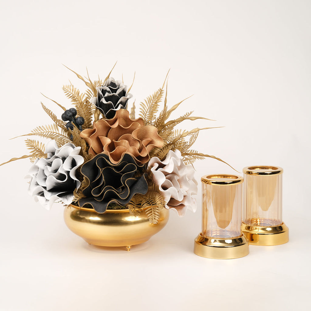 Yapay Çiçekli Gold Yassı 3 Parça Set No:11