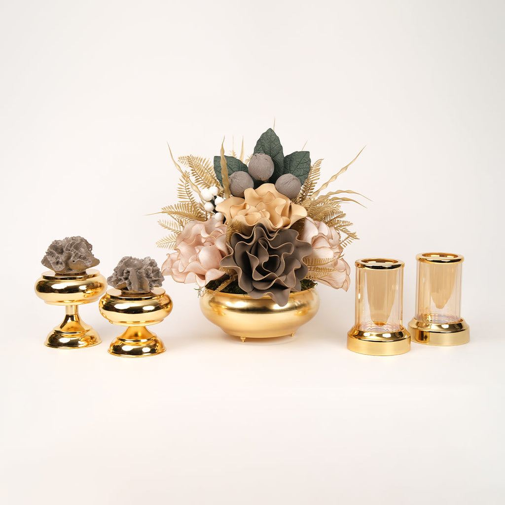 Yapay Çiçekli Gold Yassı 5 Parça Set No:2