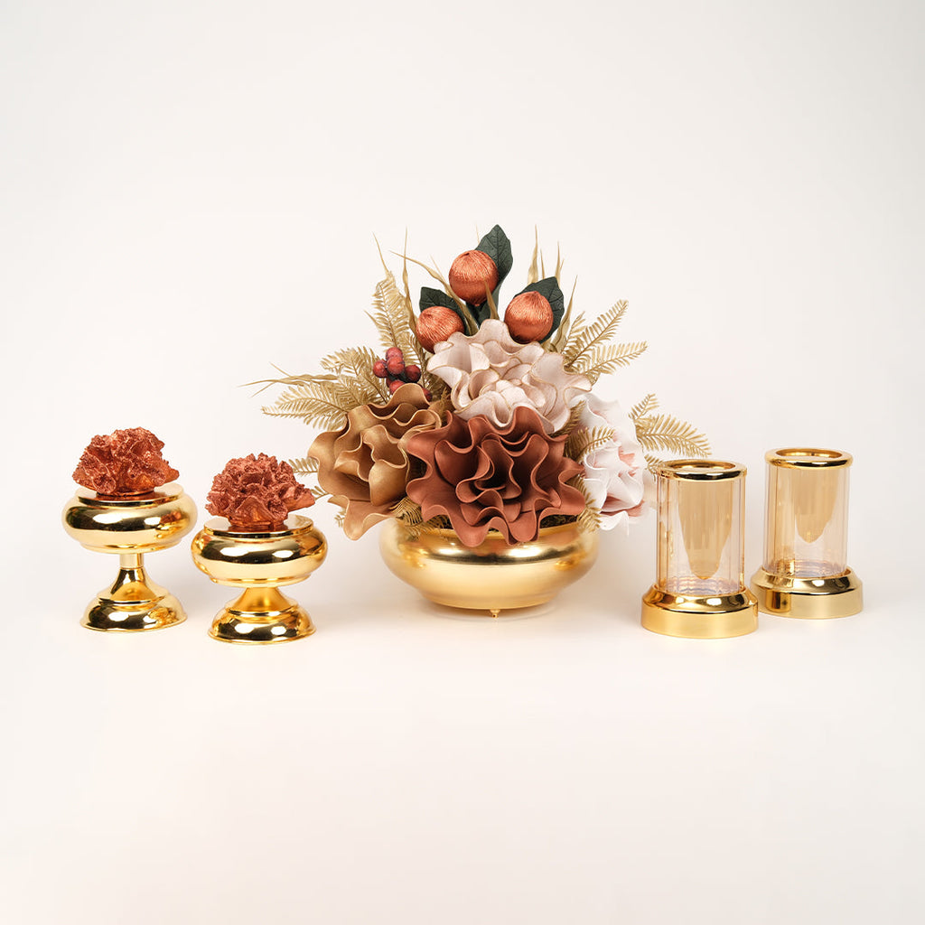 Yapay Çiçekli Gold Yassı 5 Parça Set No:4