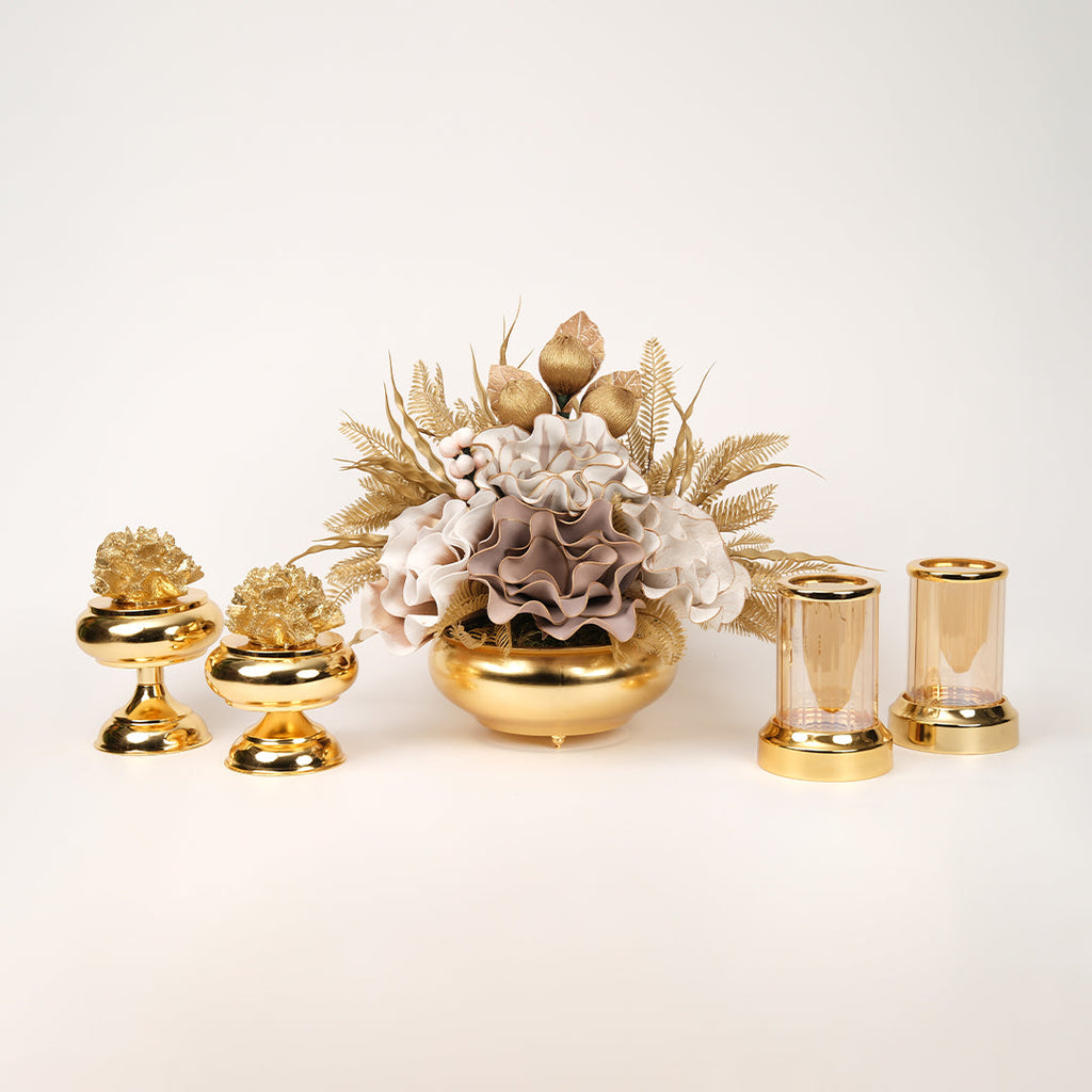 Yapay Çiçekli Gold Yassı 5 Parça Set No:5