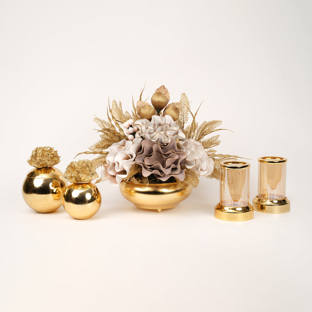 Yapay Çiçekli Gold Yassı 5 Parça Set No:6