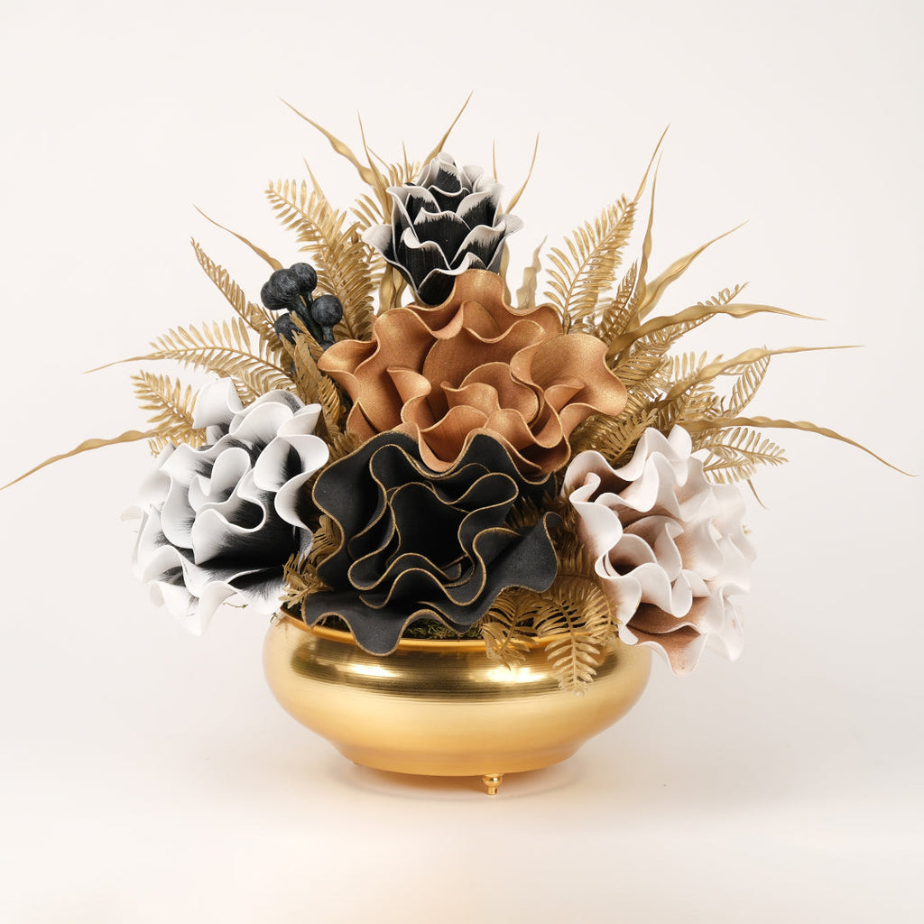 Yapay Çiçekli Gold Yassı Vazo No:4