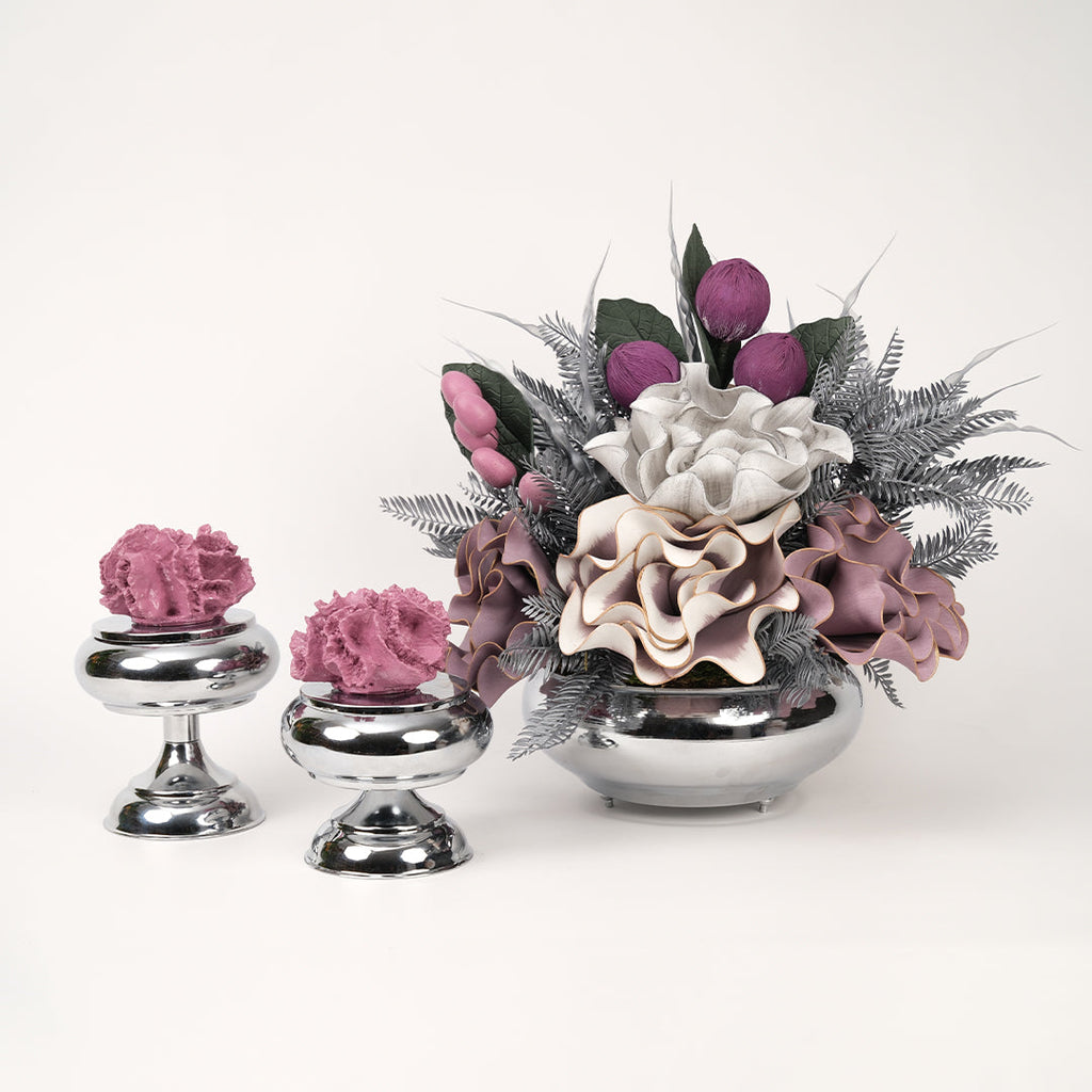 Yapay Çiçekli Gümüş Yassı 3 Parça Set No:1