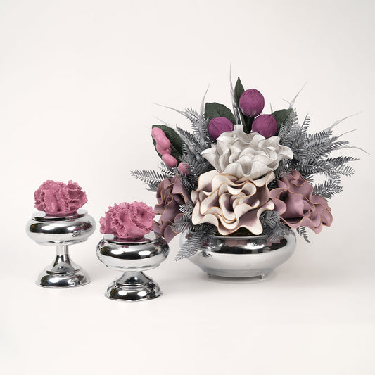 Yapay Çiçekli Gümüş Yassı 3 Parça Set No:1