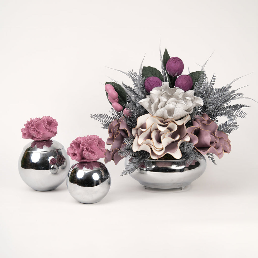 Yapay Çiçekli Gümüş Yassı 3 Parça Set No:2