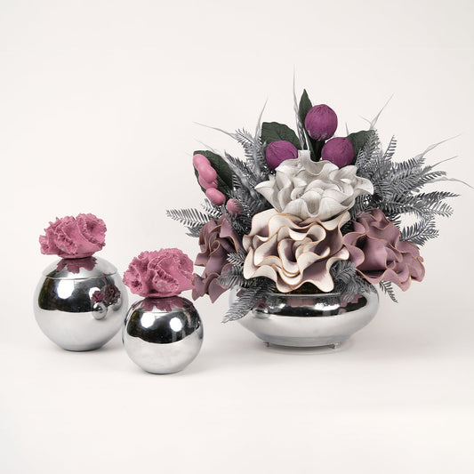 Yapay Çiçekli Gümüş Yassı 3 Parça Set No:2